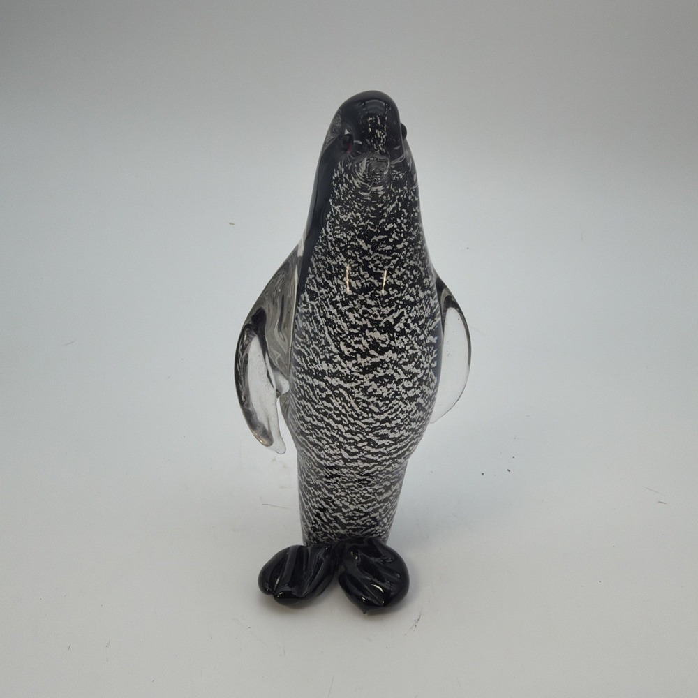 hand-blown art glass penguin figurine featuring a black and white